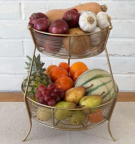 CIBENI Gold Fruit Basket Stand - 13" x 15"H Handcrafted 2 Tier Fruit Basket for Kitchen Counter F... | Amazon (US)