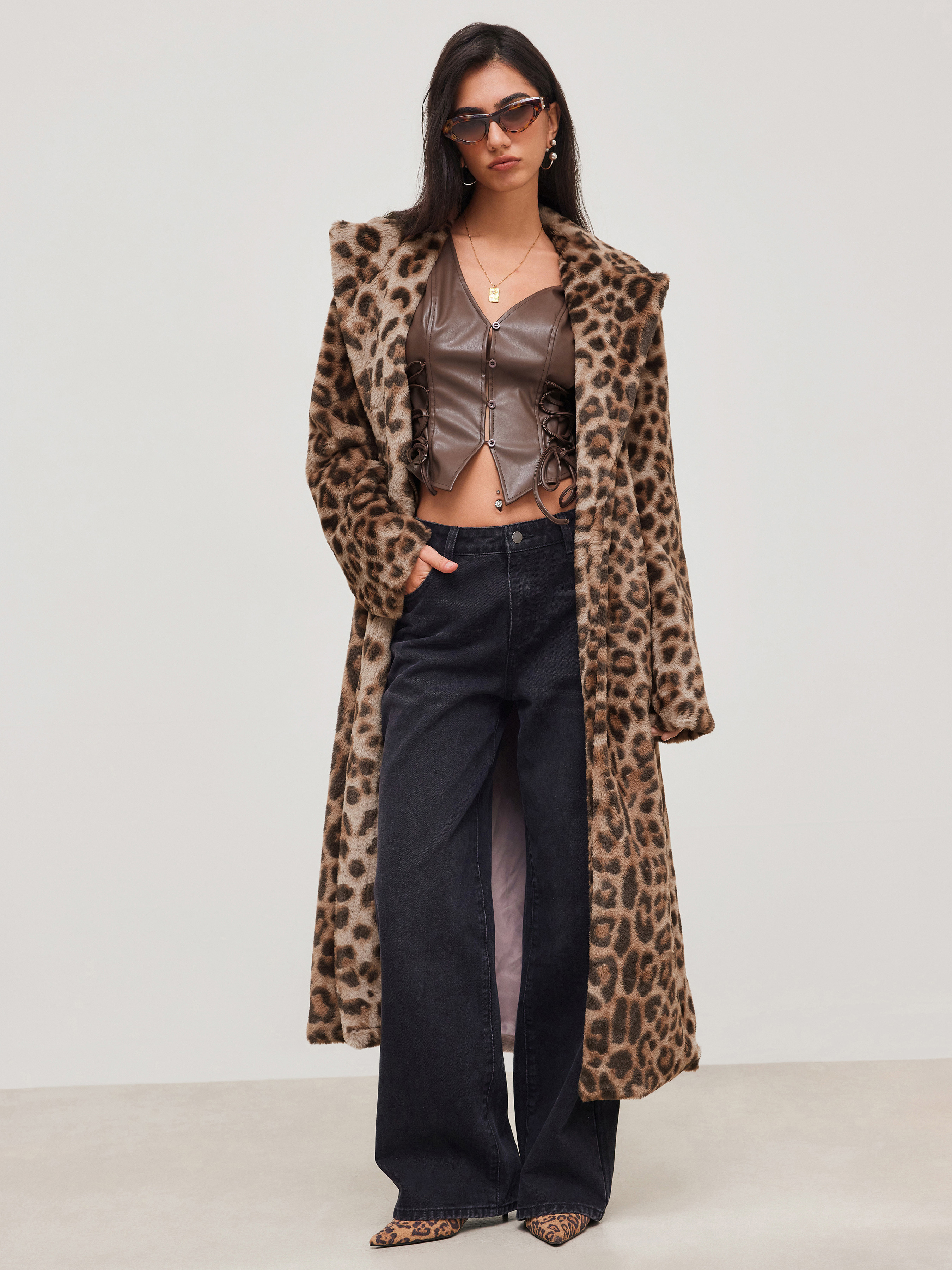 Faux Fur Collar Leopard Pocket Long Coat | Cider