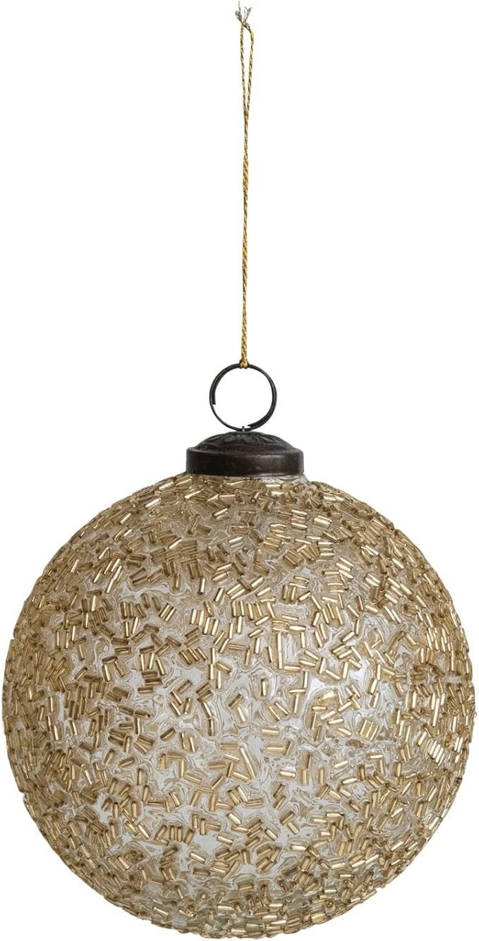 Creative Co-Op 5' Round Glass Ball Ornament w/Beads, Gold Color | Amazon (US)