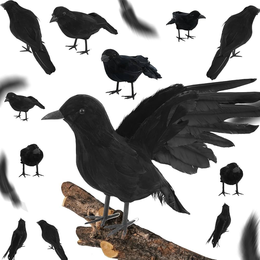 Amazon.com : Taiyin 4 Pcs Halloween Black Crows Handmade Feathered Crow Realistic Crow Decor Faux... | Amazon (US)