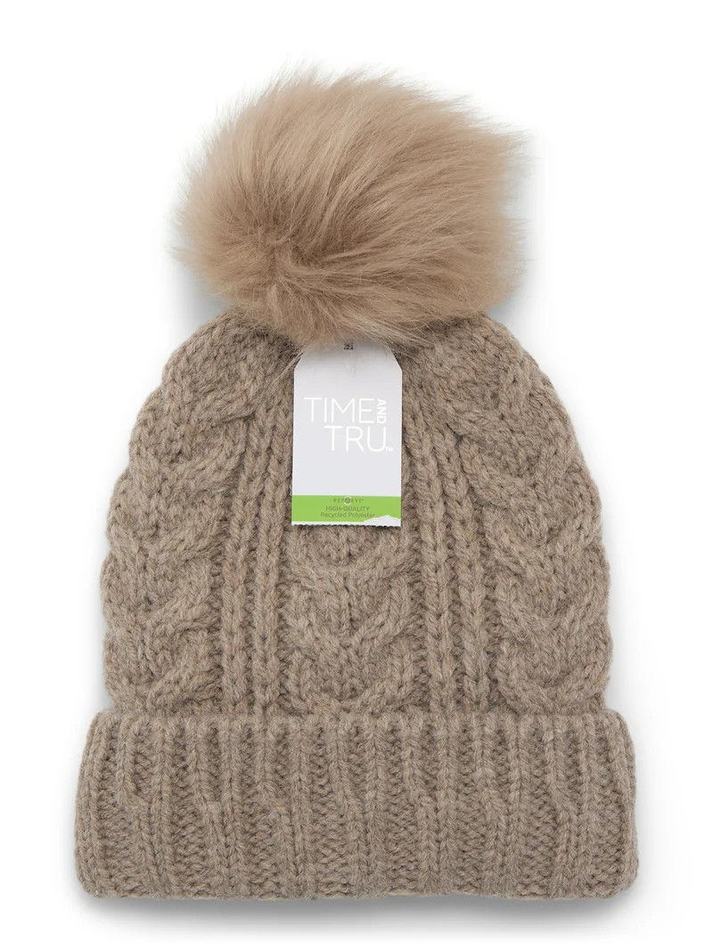 Time and Tru Women's Cable Pom Cuff Beanie, One Size Fits Most, Toasted Heather | Walmart (US)