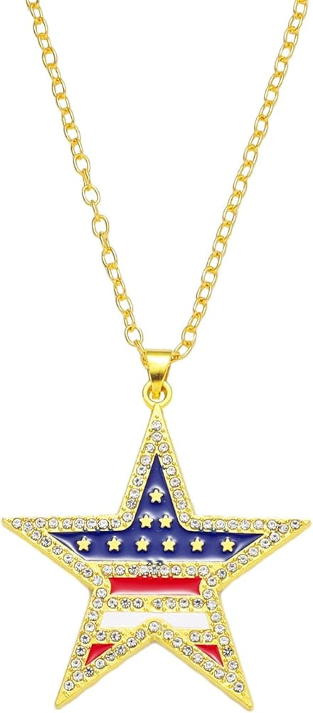 4th of July Necklace Patriotic Rhinestone Red Blue White American Flag Enamel Stars Heart USA Fla... | Amazon (US)