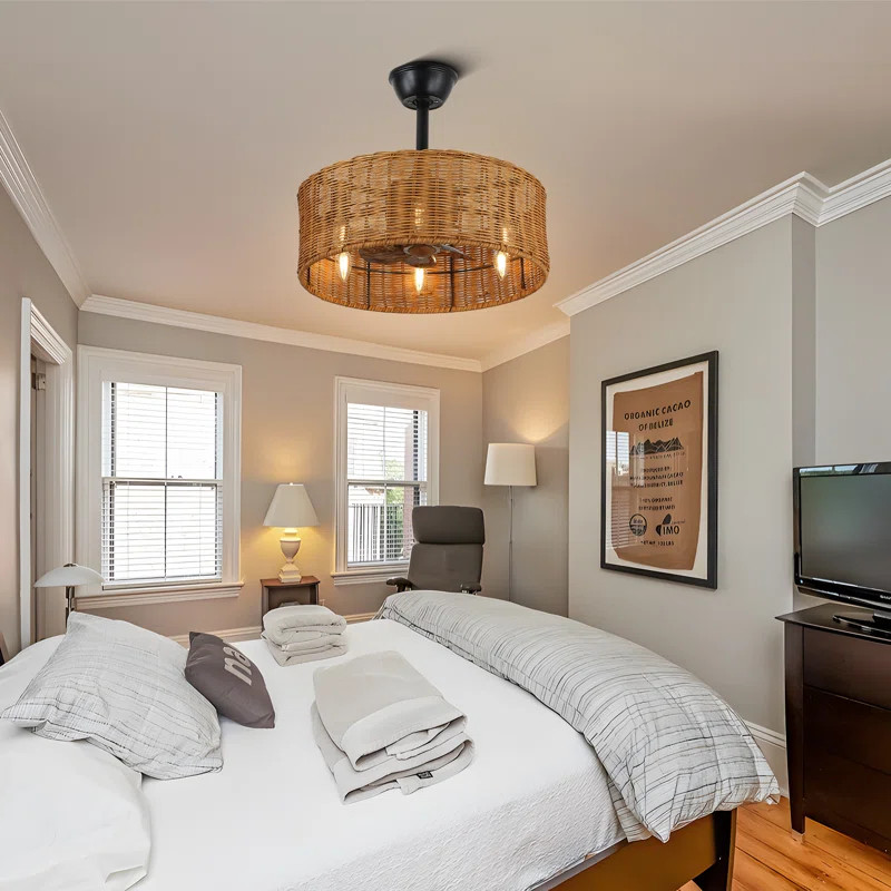 18" Farmhouse Woven Rattan Caged Ceiling Fan Boho low profile Ceiling Fan with Lights and Remote ... | Wayfair North America