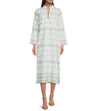 x SARAH & MOLLY Cotton Eyelet Stripe Print Long Sleeve Midi Caftan Dress | Dillard's