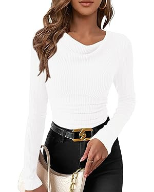 PRETTYGARDEN Women's Long Sleeve Cowl Neck Ribbed Knit Fall Shirts Slim Fit Ruched Going Out Crop... | Amazon (US)