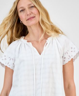 Women's Embroidered Cotton Flutter-Sleeve Top, Exclusively at Macy's | Macy's