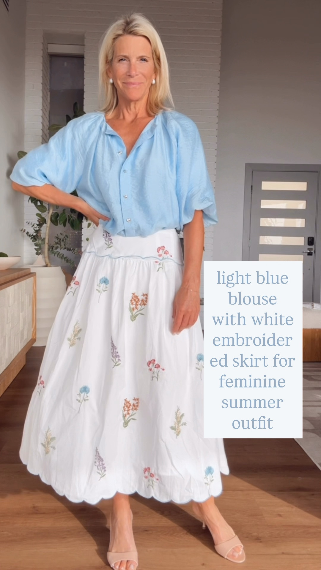Polished casual summer look with blue blouse and white embroidered midi skirt.

#LTKOver40 #LTKootd