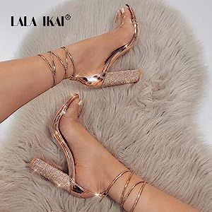 Women’s Gold High Heels Sandals with Rhinestone Ankle Strappy Clear Chunky Heels Dress Party Pu... | Amazon (US)