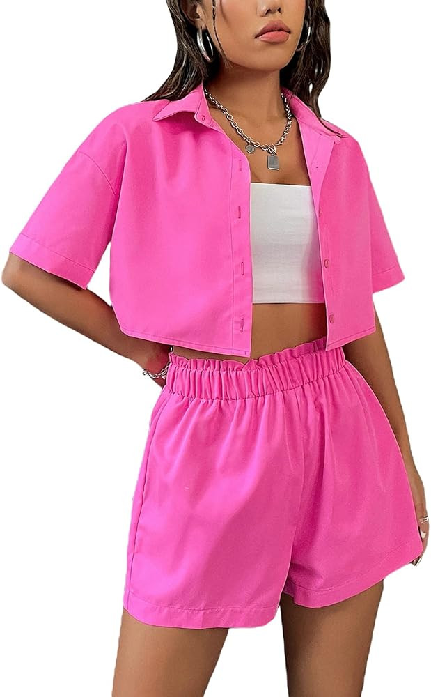 Verdusa Women's 2 Piece Outfit Crop Blouse Top and Paperbag Waist Short Sets | Amazon (US)