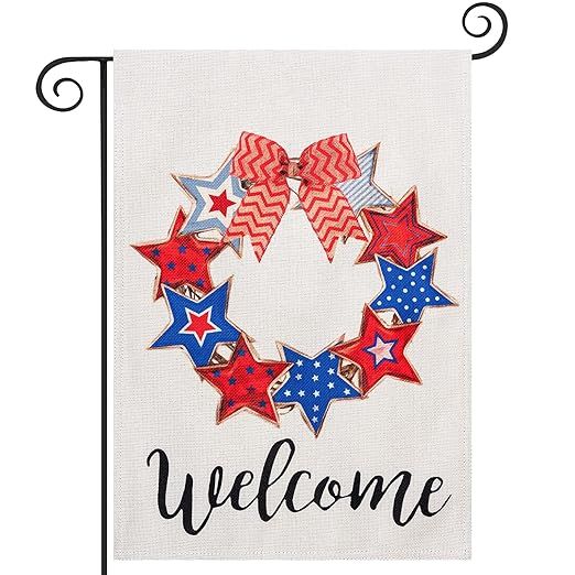 4th of July Welcome Garden Flag, hogardeck Premium Burlap Patriotic Stars Wreath and Red Ribbon Y... | Amazon (US)