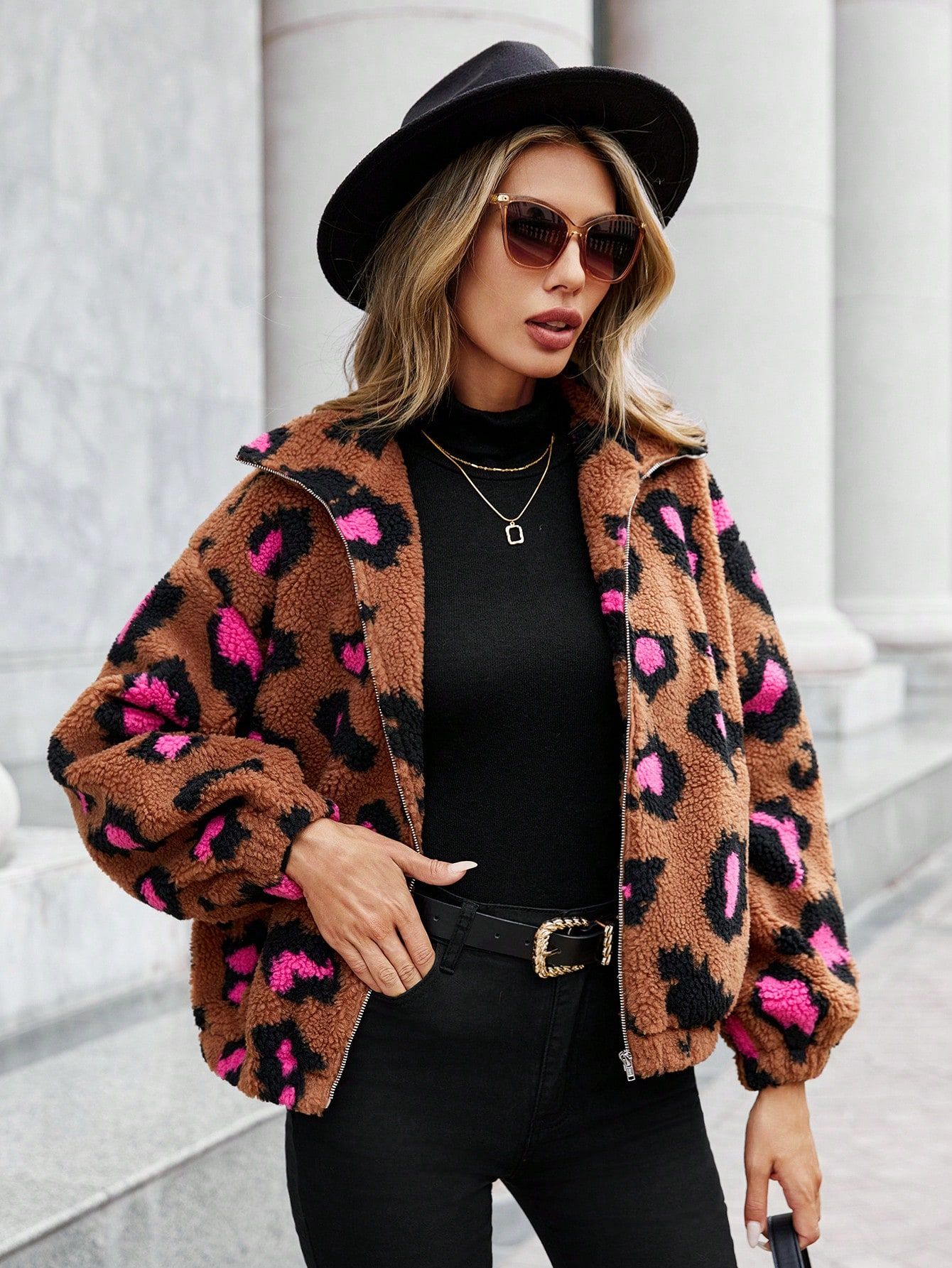 SHEIN Clasi Leopard Print Drop Shoulder Teddy Jacket | SHEIN