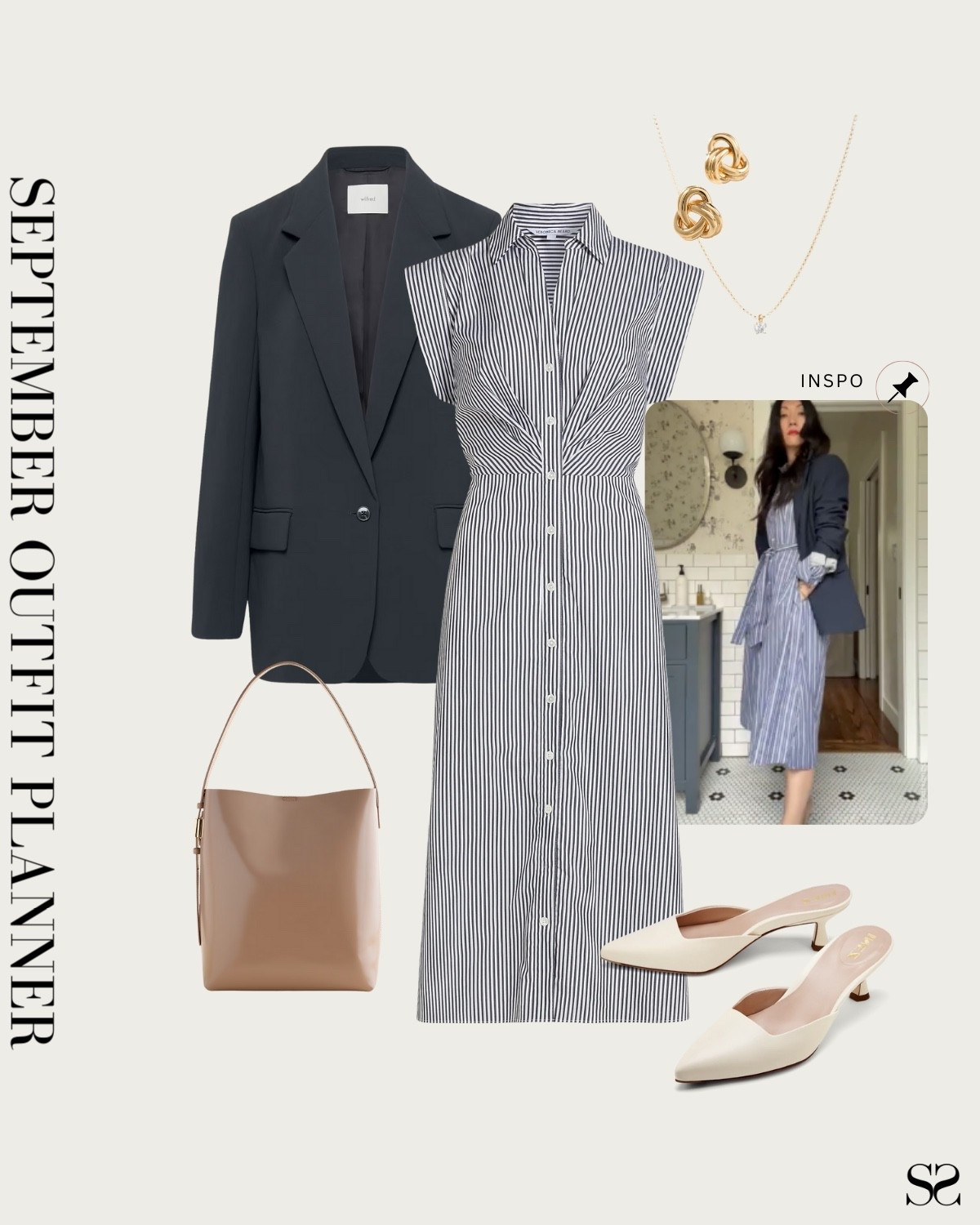 Monthly outfit planner SEPTEMBER: Summer to Fall outfits | striped maxi shirt dress, pointed toe mules, leather tote, blazer, workwear, office outfit

#summertofall #transitionalstyle #falloutfit 

Inspo image credit: Banana Republic 

#LTKStyleTip #LTKWorkwear