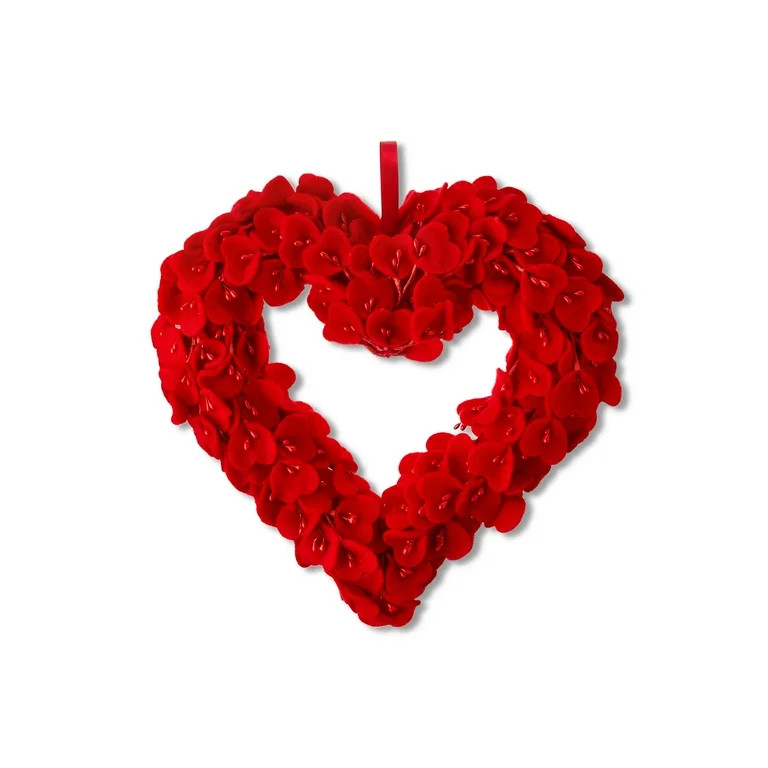 Valentine's Day Red Felt Flower Heart Wreath, 19 in, by Way To Celebrate | Walmart (US)