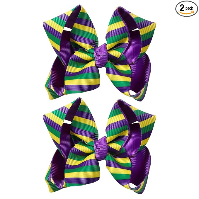4.3in Mardi Gras Holiday Costume Hair Bows Clip Gift 2pc Stripe Grosgrain Ribbon Bow-knot Cheer H... | Amazon (US)