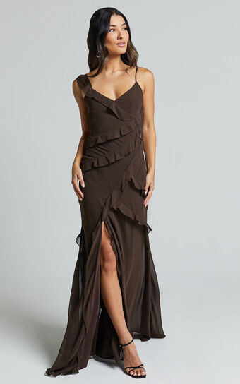 Nitha Maxi Dress - Asymmetrical Frill Thigh Split Dress in Chocolate | Showpo (US, UK & Europe)