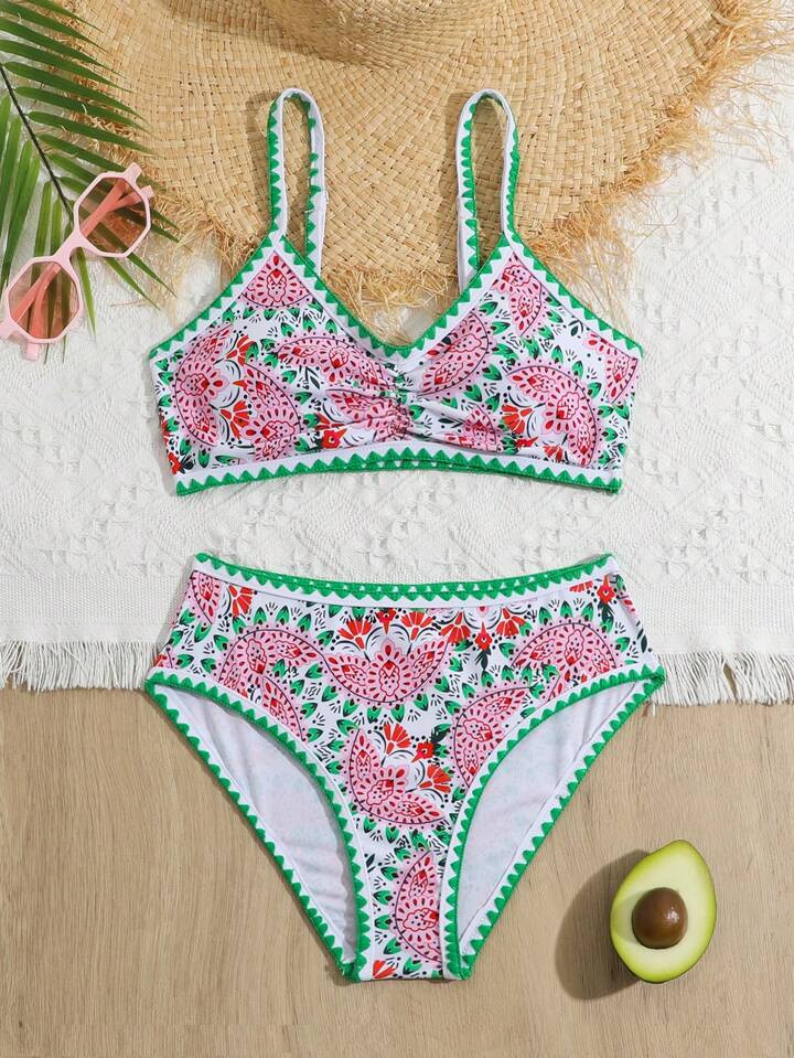 Tween Girls' Contrast Color Paisley Print Beachwear Bikini Swimsuit Set, With 3 Sets Available Fo... | SHEIN