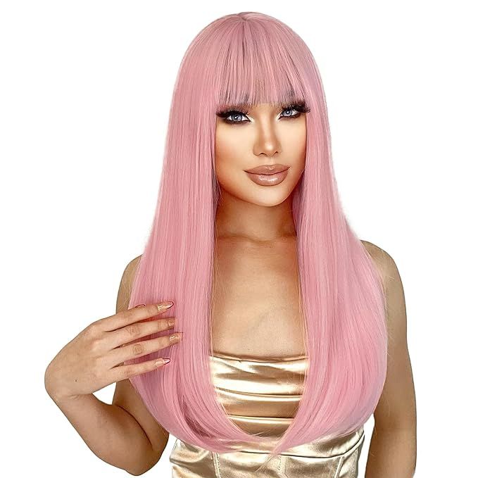 ENTRANCED STYLES Long Pink Straight Wig with Bangs Light Pink Wigs for Women Pastel Wig for Grils... | Amazon (US)