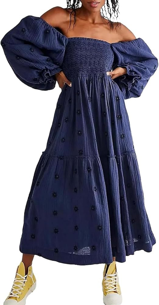 Willow Dance Women Casual Bohemian Floral Dress Square Neck Ruffle Swing A Line Long Sleeve Beach... | Amazon (US)