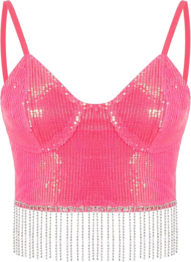 Vimoisa Women Reflective Metallic Tank Top Bustier Spaghetti Strap Crop Top Tight Sleeveless Tube... | Amazon (US)
