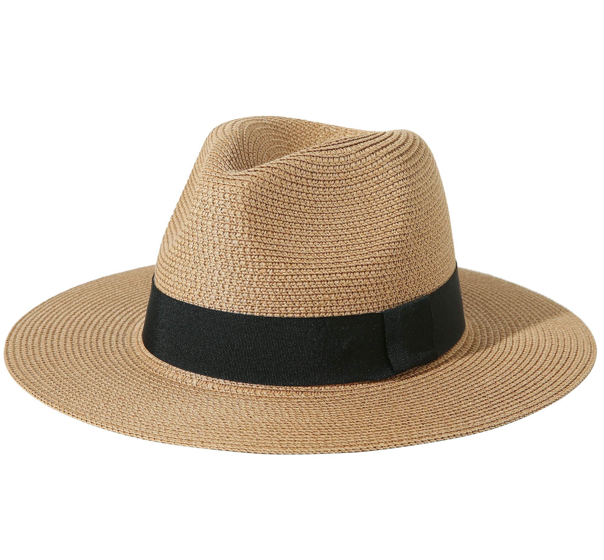 Lanzom Men Wide Brim Straw Foldable Roll up Hat Fedora Summer Beach Sun Hat UPF50+ | Amazon (US)
