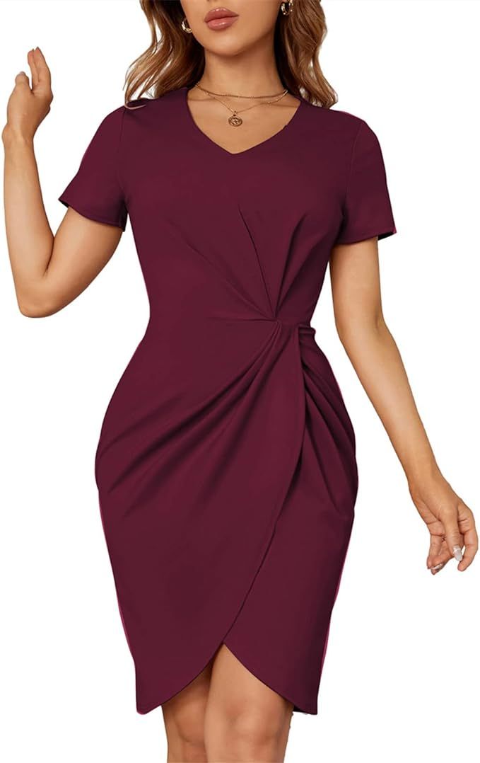 JASAMBAC Women's Short Sleeve V Neck Dress Waist Ruched Tulip Hem Split Bodycon Mini Dress | Amazon (US)