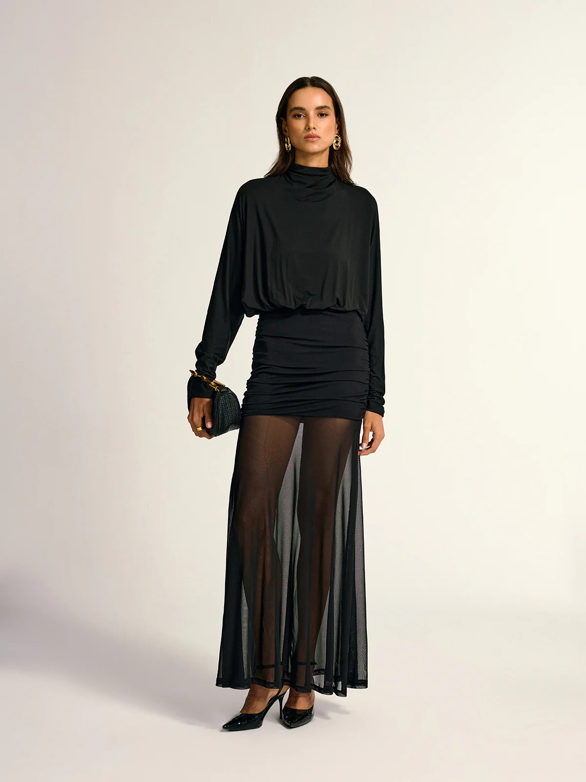 Turtleneck Long Sleeve Drape Ruched Mesh Dress | Commense
