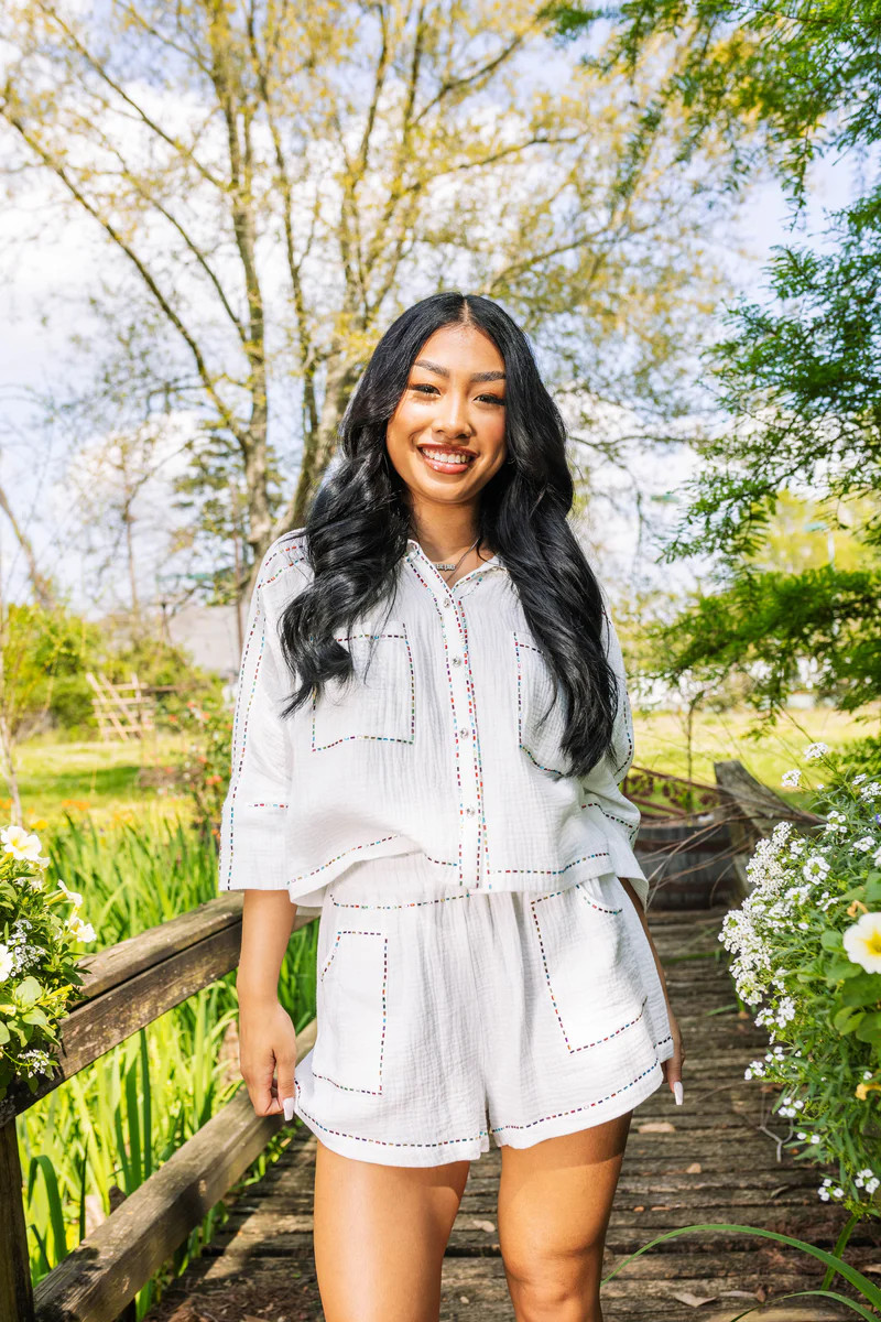 White & Rainbow Rhinestone Gauze Top | Queen of Sparkles