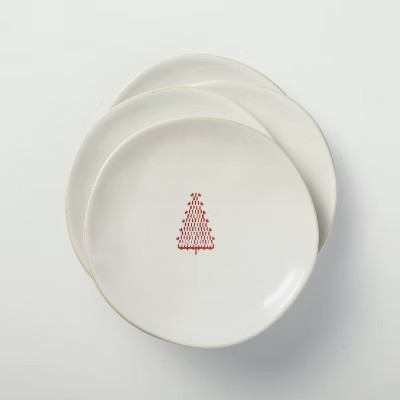 4pk Etched Tree Stoneware Appetizer Plate Set Cream/Red - Hearth & Hand™ with Magnolia | Target