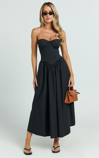 Daria Midi Dress - Strapless Corset Gathered Dress in Black | Showpo (US, UK & Europe)