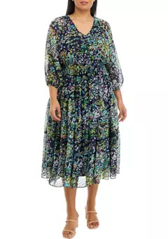 Julian Taylor Plus Size Blouson Sleeve Floral Printed Smock Waist Chiffon Midi Dress | Belk