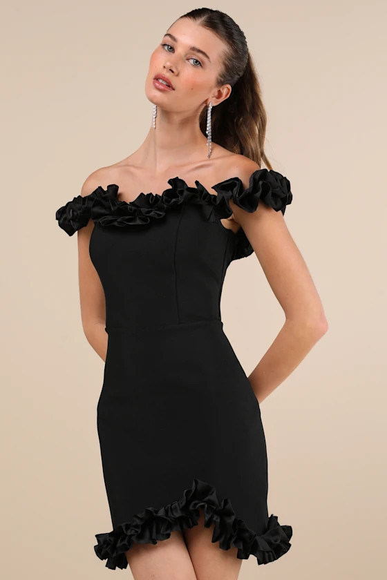 Flawlessly Posh Black Ruffled Off-the-Shoulder Mini Dress | Lulus