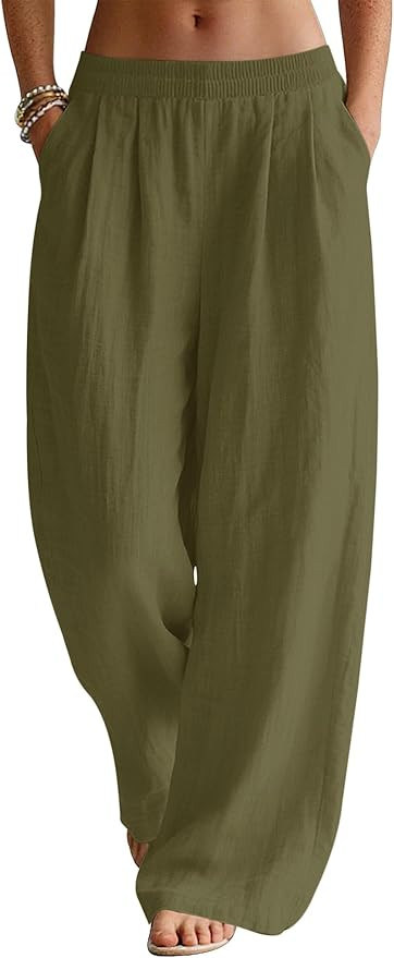 LOMON Linen Pants Women Wide Leg Palazzo Summer Flowy Pants Beach Vacation Clothes Elastic Waist ... | Amazon (US)