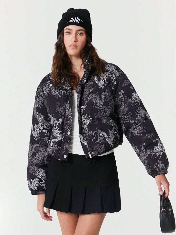 SHEIN EZwear 1st Dames Zwarte Patroon Winterjas | SHEIN