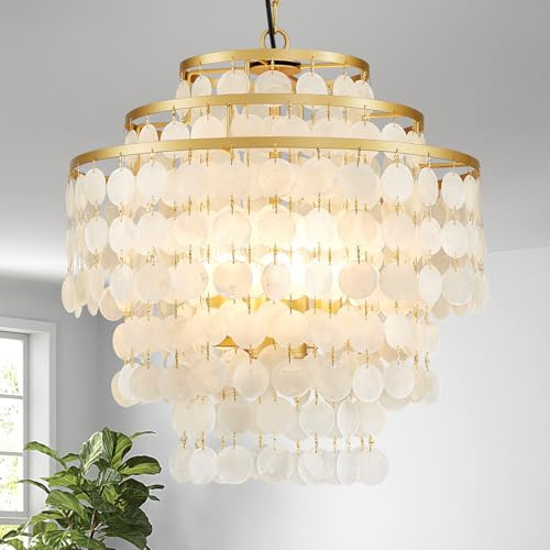 GlowEasely 4-Light Capiz Shell Chandelier, Coastal Design Light Fixture, 3-Tier Pendant Light for Kitchen Island, Dining Room, Bedroom, Gold Finish, E12 Socket, D17.7inch * H23.3~59inch | Amazon (US)