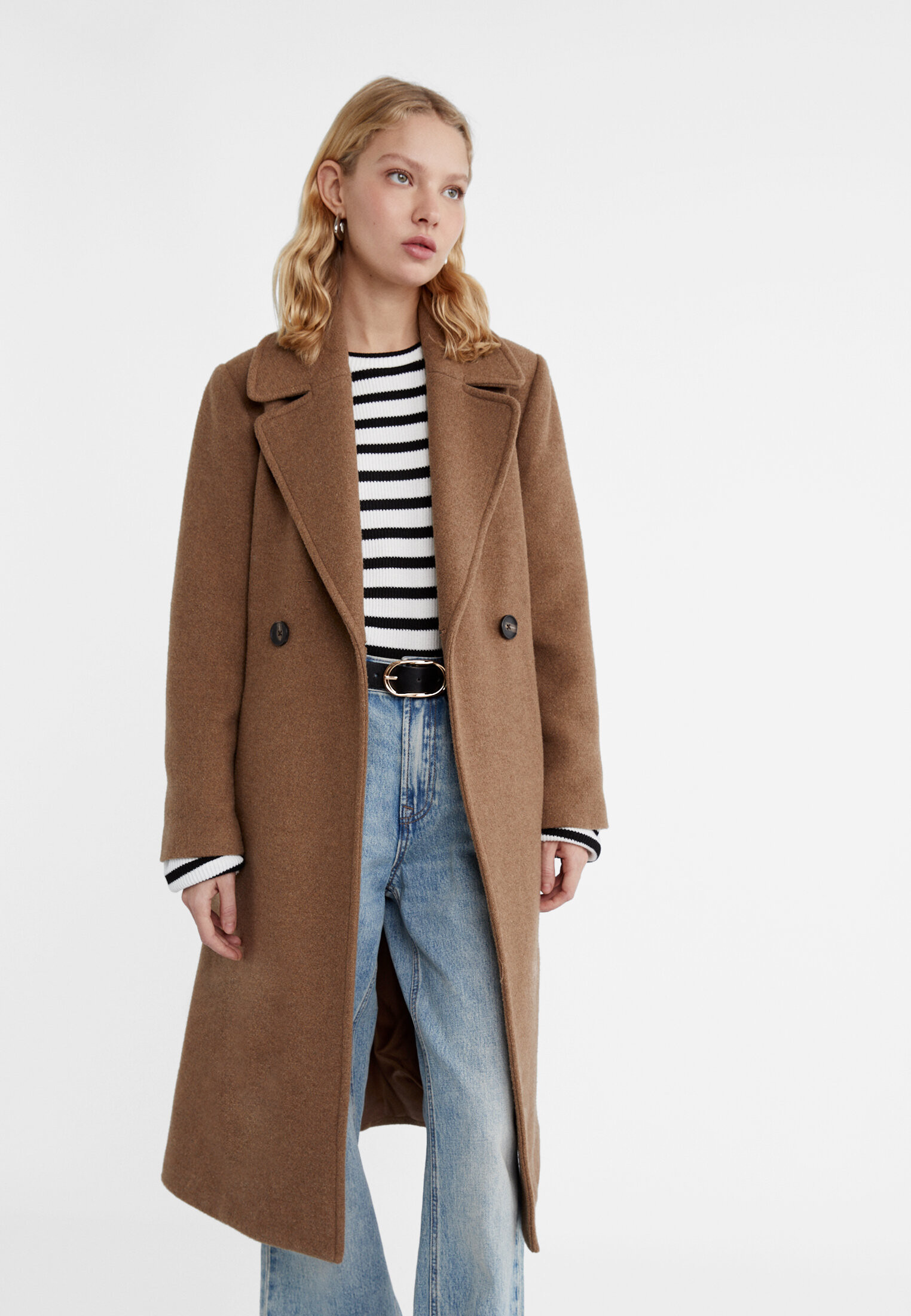 Felt texture coat with belt | Stradivarius (UK)