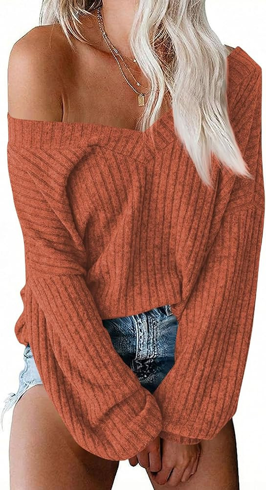 Poetsky Oversized Off The Shoulder V Neck Long Sleeve Knit Pullover Sweater | Amazon (US)