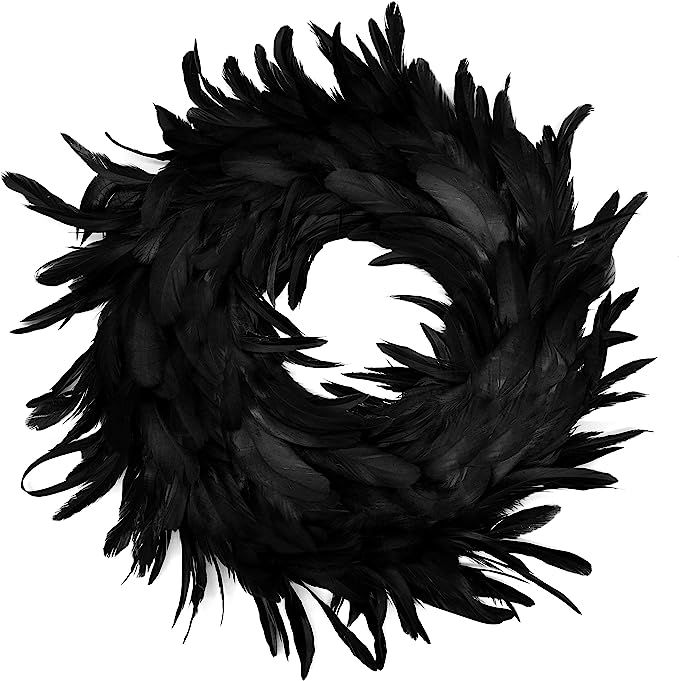 Amazon.com: Natural Feathers Wreath 13.75" in Black for Halloween Decorations, Spooky Scene Party... | Amazon (US)