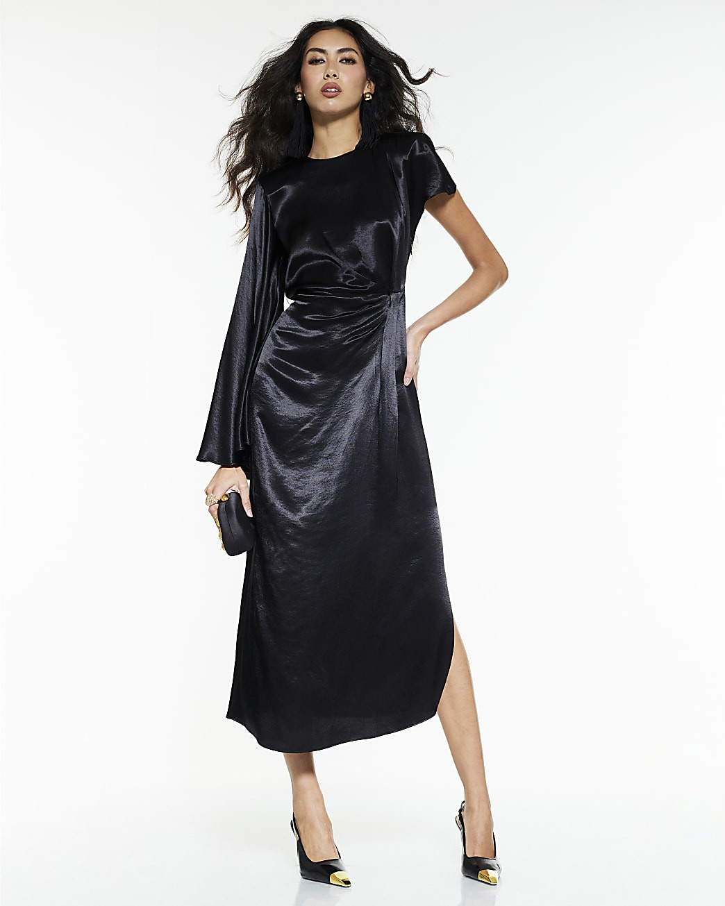 Black Satin One Sleeve Maxi Dress | River Island UK & IE