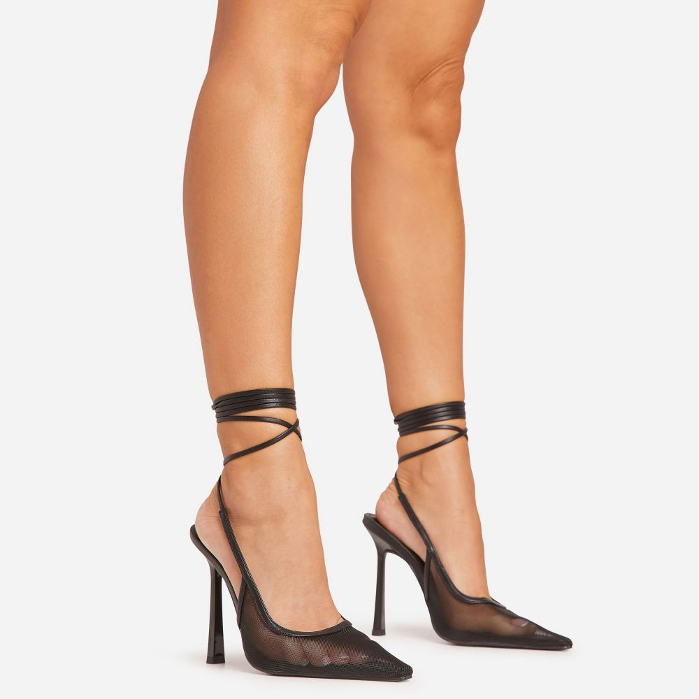 Edith Lace Up Pointed Toe Stiletto Court Heel In Black Mesh | EGO Shoes (US & Canada)