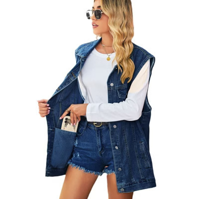 Coolmee Women's Oversized Denim Vest Mid Long Jean Vest Sleeveless Jackets Distressed Vest  New Dark Blue M | Target