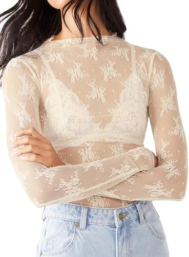 KMBANGI Women's Mesh Lace Long Sleeve Top Mock Neck Sheer Blouse Floral Lace Layering Tops Y2k Se... | Amazon (US)