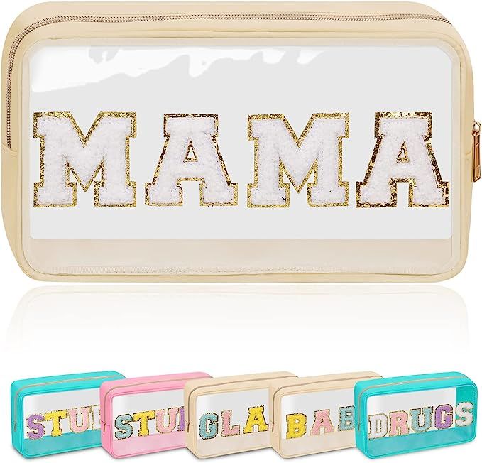 Preppy Patch Makeup Bag Mama Pouch, Chenille Letter Make Up Bag, Clear Small Travel Makeup Zipper... | Amazon (US)