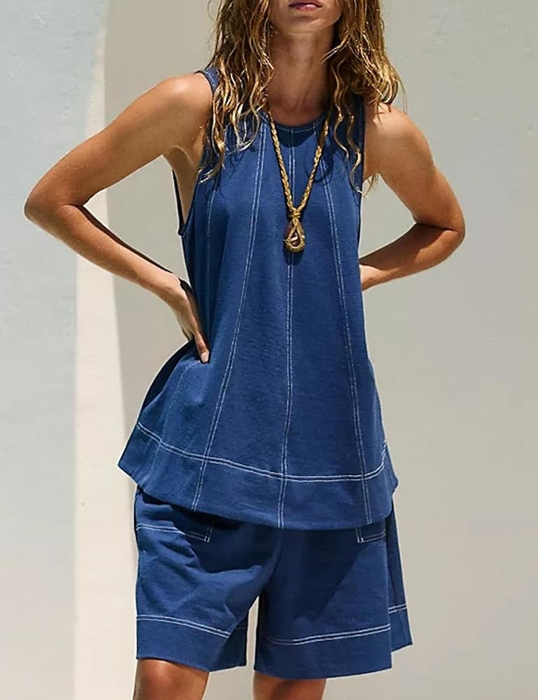 Womens Summer 2 Piece Outfits Shorts Sets Sleeveless Tank Tops Elastic Waist Shorts Lounge Set wi... | Amazon (US)