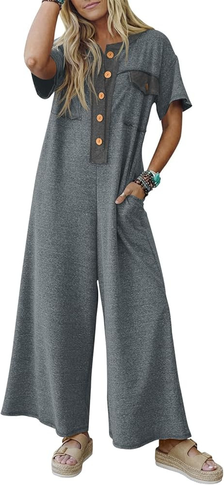 Women’s Short Sleeve Wide Leg Jumpsuit With Front Button Closure And Chest Pocket Casual Loose ... | Amazon (US)