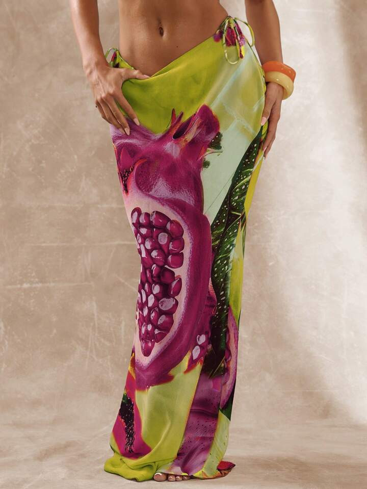 Musera Resort Fitted Chiffon Floaty Hem Fruit Floral Print Maxi Skirt Boho Ibiza Cute Sexy Vacati... | SHEIN