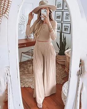 BTFBM Women's Two Piece Lounge Set Long Sleeve Bodycon Ribbed Knit Crop Top Loose Wide Leg Pant C... | Amazon (US)