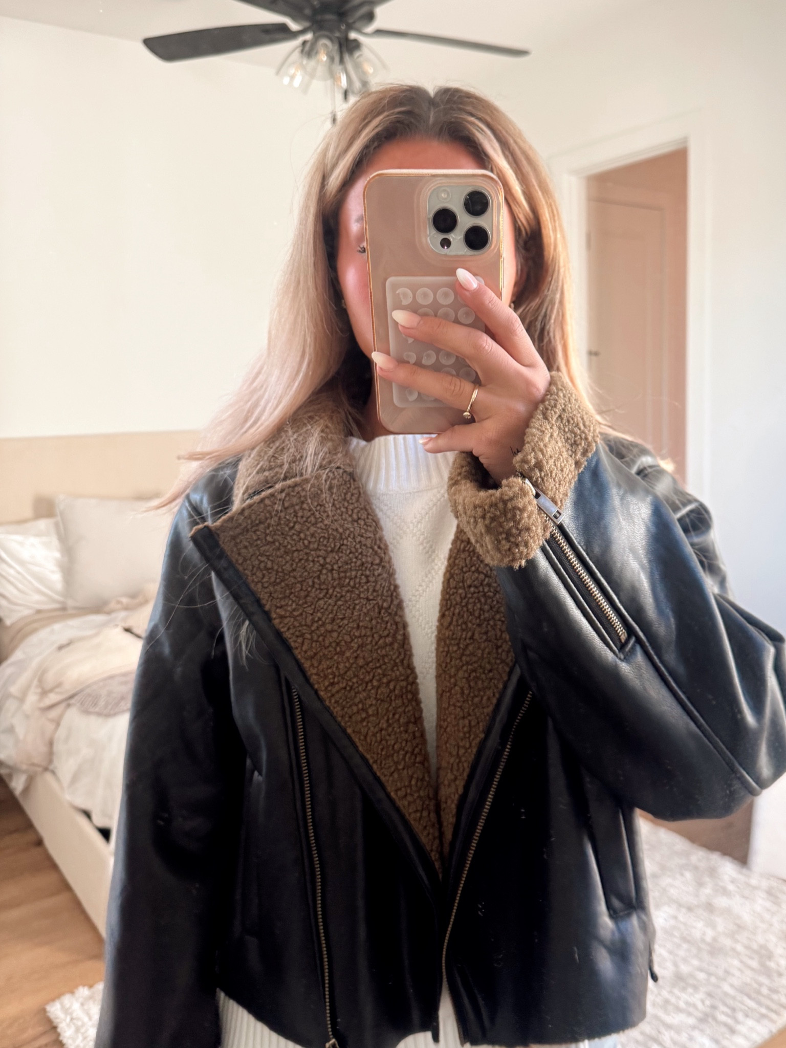 leather jacket brown fur so cute