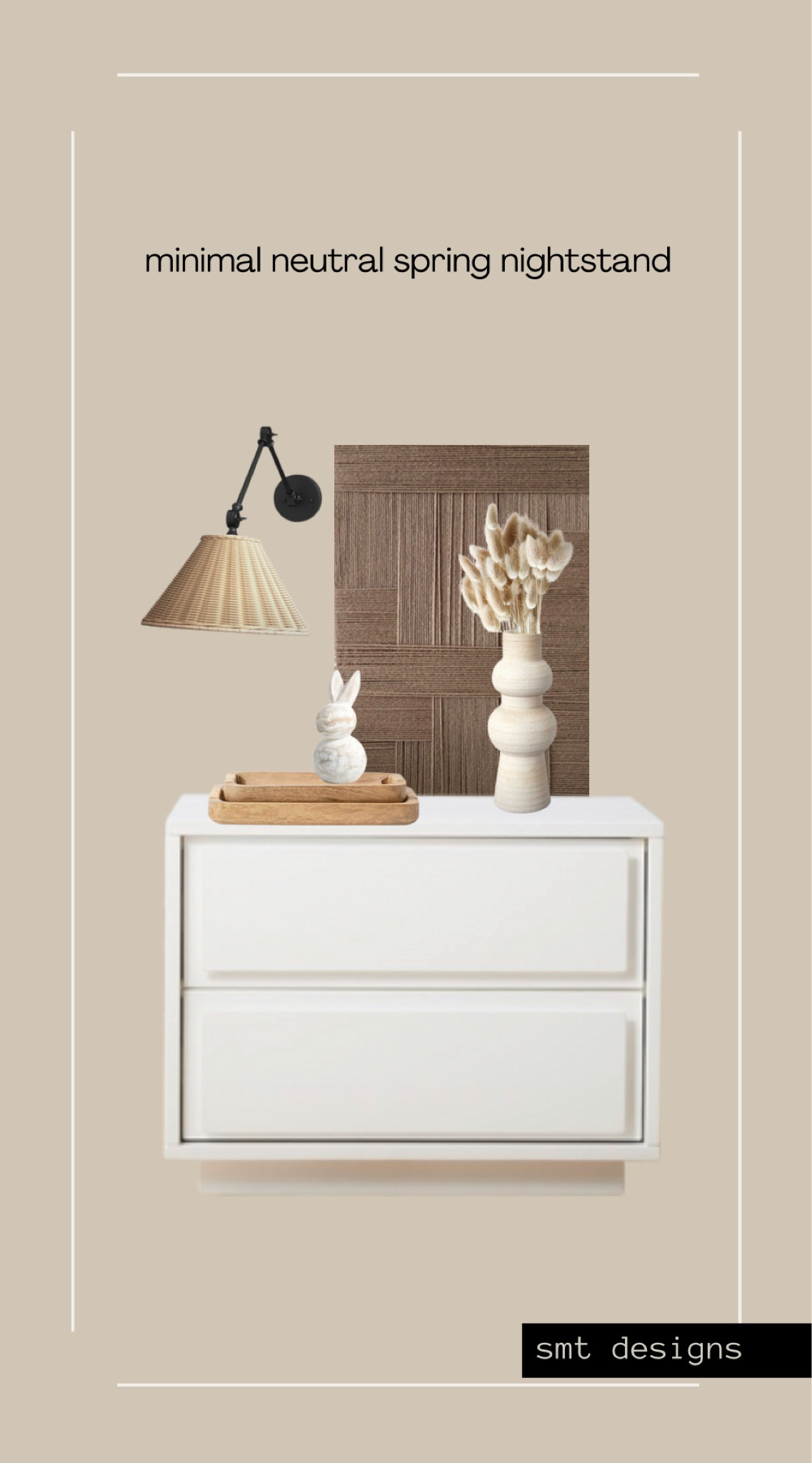 Styled

Minimal neutral nightstand styling. 

Rattan swing sconce, textured brown wall art, bubble vase, dried bunny tails, white nightstand with 2 drawers, mango wood tray, wood Easter bunny

#LTKhome #LTKFind #LTKstyletip