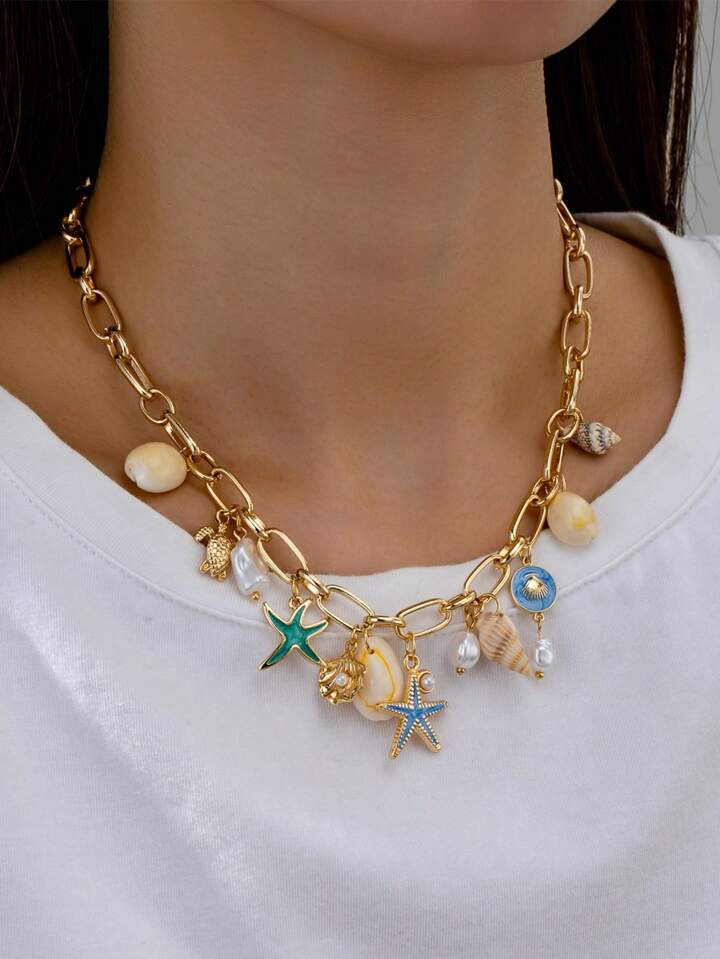 1 Pc BOHO Vocation Beach Style Shell Starfish Summer Multi Charm Necklace | SHEIN