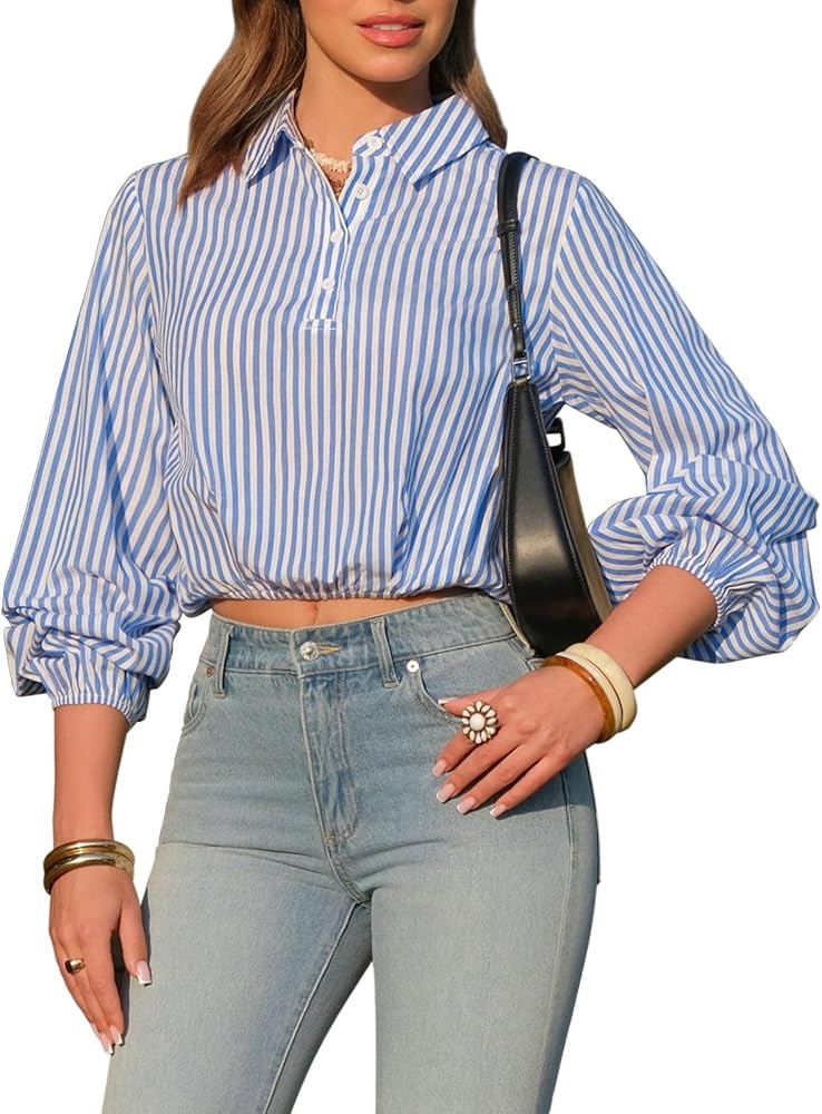 Amazon.com: EXLURA Women's 100% Cotton Long Sleeve Crop Tops Summer Striped Collared Button V Nec... | Amazon (US)